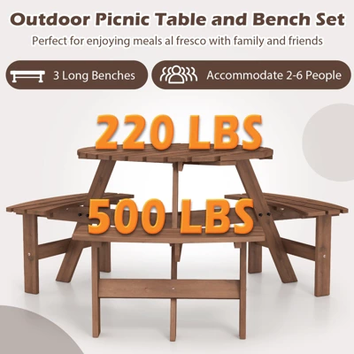 Tangkula 6-Person Round Picnic Table Set W/ 3 Built-in Benches 2" Umbrella Hole 6 Tangkula 6-Person Round Picnic Table Set W/ 3 Built-in Benches 2" Umbrella Hole - Image 6