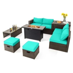 Tangkula 9 Pieces Outdoor Patio Furniture Set With 42" Propane Fire Pit Table Outdoor PE Wicker Space-Saving Sectional Sofa Set Black/Gray/Navy/Red/Turquoise/Off White -Tangkula GUEST dfb01885 390c 4596 8a7b c70a33cda591