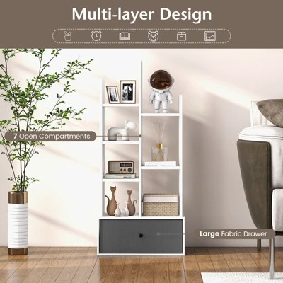 Tangkula Tree Shaped Bookcase With Drawer Free Standing Bookshelf With 7 Open Storage Shelves Tall Display Rack With Bookshelves White 4 Tangkula Tree Shaped Bookcase With Drawer Free Standing Bookshelf With 7 Open Storage Shelves Tall Display Rack With Bookshelves White - Image 4