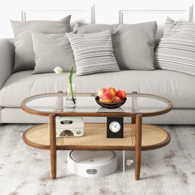 Tangkula 2-Tier Acacia Wood Coffee Table Mid-Century Modern Rectangular Center Table With Glass Tabletop And Imitation Rattan Storage Shelf 1 Tangkula 2-Tier Acacia Wood Coffee Table Mid-Century Modern Rectangular Center Table With Glass Tabletop And Imitation Rattan Storage Shelf