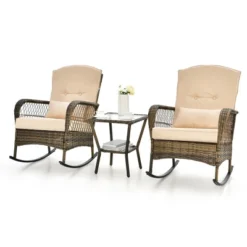 Tangkula Patio Set Of 3 Rocking Wicker Bistro Set W/ Tempered Glass Side Table Mix Brown -Tangkula GUEST e0208992 5f0d 46fd 8643 45ca34fd7f9d
