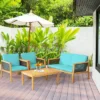 Tangkula 8PCS Patio Acacia Wood Furniture Set PE Rattan Conversation Set W/ Turquoise Cushions