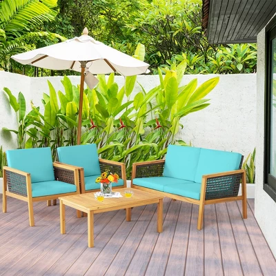Tangkula 8PCS Patio Acacia Wood Furniture Set PE Rattan Conversation Set W/ Turquoise Cushions 1 Tangkula 8PCS Patio Acacia Wood Furniture Set PE Rattan Conversation Set W/ Turquoise Cushions