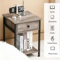 Tangkula Industrial End Side Table Nightstand With Drawer Shelf Rustic Grey Oak -Tangkula GUEST e0900437 0335 4117 a2e2 fdc76ea5c799
