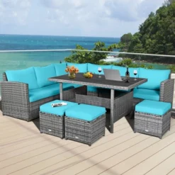 Tangkula 7PCS Rattan Patio Sectional Sofa Set Conversation Set W/ Turquoise Cushions