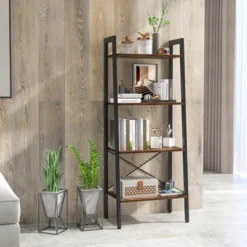 Tangkula 4-Tier Ladder Bookshelf Industrial Wooden Bookcase With Metal Frame Anti-Toppling Device Rack Rustic Brown/Gray Oak