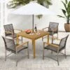 Tangkula 5 PCS Patio Dining Set Acacia Wood Table W/ 1.9" Umbrella Hole Wicker Armchairs