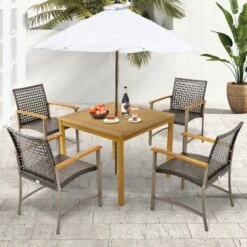 Tangkula 5 PCS Patio Dining Set Acacia Wood Table W/ 1.9" Umbrella Hole Wicker Armchairs