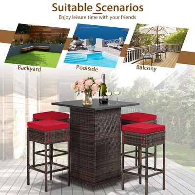 Tangkula Tangkula 5PCS Patio Bar Set Rattan Bar Furniture Set W/ Table & 4 Cushioned Stools Red 7 Tangkula Tangkula 5PCS Patio Bar Set Rattan Bar Furniture Set W/ Table & 4 Cushioned Stools Red - Image 7