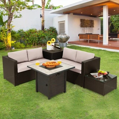 Tangkula 5-Piece Patio Furniture Set With 30 Inches Gas Fire Pit Table Outdoor PE Wicker Sectional Sofa Set With Cushions Red/Beige/Navy/Turquoise 1 Tangkula 5-Piece Patio Furniture Set With 30 Inches Gas Fire Pit Table Outdoor PE Wicker Sectional Sofa Set With Cushions Red/Beige/Navy/Turquoise