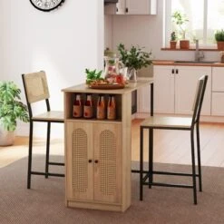 Tangkula 3 PCS Bar Table And Chairs Set W/ 2 Bar Stools & Storage Shelves Backrests