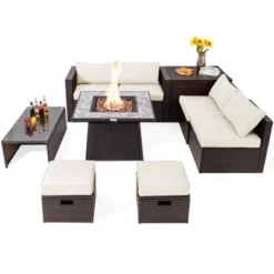 Tangkula 9 Pieces Outdoor Patio Furniture Set With 35" Propane Fire Pit Table Wicker Sectional Sofa Set W/ Storage Box Black/Gray/Navy/Red/Turquoise/Off White -Tangkula GUEST e3572b05 ff5d 4318 a9ef ae07c9b56249