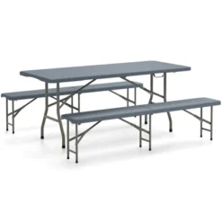 Tangkula 3 PCS Folding Picnic Table Set W/ 6 Ft Table & 2 Benches HDPE Tabletop Bench Top Gray -Tangkula GUEST e35ebe62 0de6 4c0d a6ca e3eaa1ed3c31