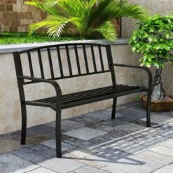 Tangkula 50 Inches Garden Bench W/ Slatted Backrest & Curved Armrests For Porch 12 Tangkula 50 Inches Garden Bench W/ Slatted Backrest & Curved Armrests For Porch -Tangkula GUEST e37f2a42 0587 4726 87c7 454de8f9cfc0