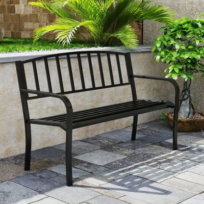 Tangkula 50 Inches Garden Bench W/ Slatted Backrest & Curved Armrests For Porch 3 Tangkula 50 Inches Garden Bench W/ Slatted Backrest & Curved Armrests For Porch - Image 3