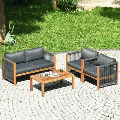 Tangkula 8PCS Acacia Wood Outdoor Patio Furniture Set Cushioned Sofa W/Nylon Rope Armrest 3 Tangkula 8PCS Acacia Wood Outdoor Patio Furniture Set Cushioned Sofa W/Nylon Rope Armrest - Image 3
