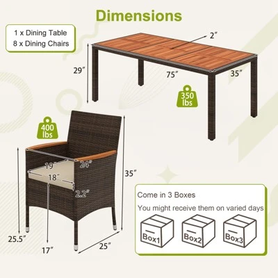 Tangkula 9 Pieces Patio Dining Set For 8 Outdoor Rectangular Acacia Wood Table And PE Rattan Chairs With Umbrella Hole 8 Tangkula 9 Pieces Patio Dining Set For 8 Outdoor Rectangular Acacia Wood Table And PE Rattan Chairs With Umbrella Hole - Image 8