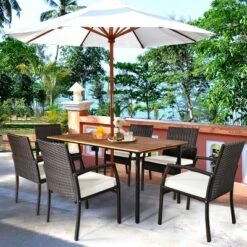 Tangkula 7PCS Patio Dining Furniture Set W/ Wooden Tabletop Cushion Umbrella Hole -Tangkula GUEST e413a224 edff 4bf7 b062 98f8084968c0