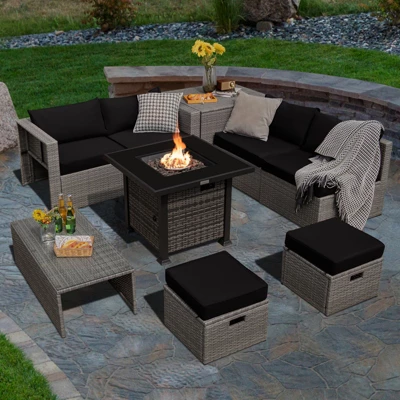 Tangkula 9 Pieces Outdoor Patio Furniture Set W/ 32" Propane Fire Pit Table Sectional Sofa Set W/ Storage Box Black/Gray/Navy/Red/Turquoise/Off White 1 Tangkula 9 Pieces Outdoor Patio Furniture Set W/ 32" Propane Fire Pit Table Sectional Sofa Set W/ Storage Box Black/Gray/Navy/Red/Turquoise/Off White