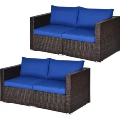 Tangkula 4PCS Rattan Corner Sofa Set Patio Outdoor Furniture Set W/ Navy Cushions -Tangkula GUEST e498eb53 1be3 4988 bd29 a06d4cbf26f1