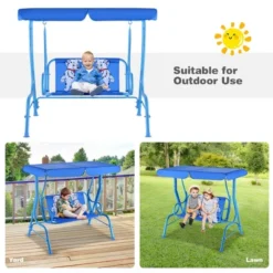 Tangkula Kids Patio Porch Bench Swing W/ Safety Belt Canopy Outdoor Furniture Blue -Tangkula GUEST e4b0a5e2 12a5 4663 8651 edd2a043fd9d