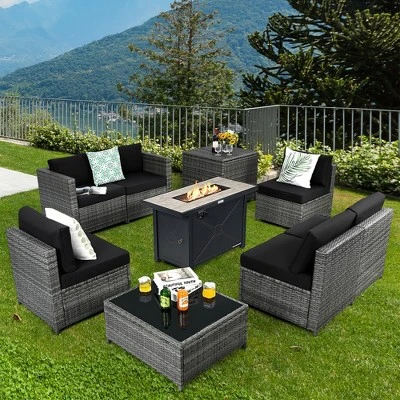 Tangkula 9 PCS Patio Rattan Furniture Set Fire Pit Table Storage Black W/ Cover 1 Tangkula 9 PCS Patio Rattan Furniture Set Fire Pit Table Storage Black W/ Cover
