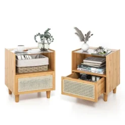 Tangkula 2PCS Bamboo Rattan Nightstand Boho Bedside End Table W/ Drawer Wood Legs -Tangkula GUEST e553eba1 7dc9 4e5e 9b08 e9ffa9ba0f1b