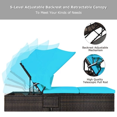 Tangkula 2PCS Rattan Patio Chaise Lounge Chair W/ Adjustable Canopy Turquoise Cushion 4 Tangkula 2PCS Rattan Patio Chaise Lounge Chair W/ Adjustable Canopy Turquoise Cushion - Image 4