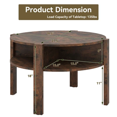 Tangkula Round Coffee Table With 4 Side Compartments 2-Tier Circle Coffee Table 7 Tangkula Round Coffee Table With 4 Side Compartments 2-Tier Circle Coffee Table - Image 7