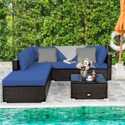 Tangkula 6PCS Patio Rattan Furniture Set Outdoor Sectional Sofa Set W/Coffee Table & Ottoman Black/Navy/Turquoise/Red/Brown