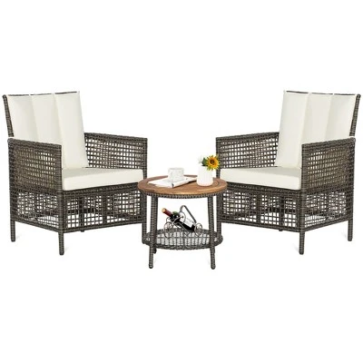 Tangkula 3PCS Patio Wicker Bistro Set Furniture Set PE Rattan Table Set W/ Off White Cushions 8 Tangkula 3PCS Patio Wicker Bistro Set Furniture Set PE Rattan Table Set W/ Off White Cushions - Image 8
