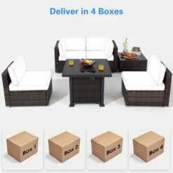 Tangkula 6 Piece Patio Wicker Conversation Set, Outdoor Rattan Sofa Set W/ 32" Propane Fire Pit Table, 50,000 BTU Heat, Tempered Glass Tabletop Black/Navy Blue/Red/Turquoise/Off White -Tangkula GUEST e68af926 aec6 41cc 8e3e 6e2954d1d748