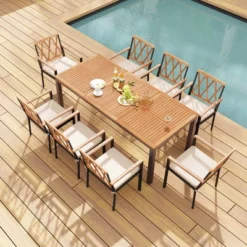 Tangkula 9 PCS Outdoor Patio Dining Set Rectangular Dining Table & Chairs Set For 8 W/Acacia Wood Tabletop Metal Frame