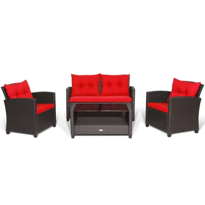 Tangkula Patio Rattan 4PCS Cushioned Chair Coffee Table Classic Furniture Set Bistro Set Single Sofa With Thick Cushion For Garden Navy/Red/Turquoise 9 Tangkula Patio Rattan 4PCS Cushioned Chair Coffee Table Classic Furniture Set Bistro Set Single Sofa With Thick Cushion For Garden Navy/Red/Turquoise - Image 9