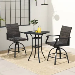 Tangkula 3 PCS PE Wicker Patio Swivel Bar Set Table & Chairs W/ Quick-Drying Foam