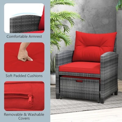 Tangkula 5-Piece Outdoor PE Rattan Conversation Set Wicker Patio Furniture Set With Cushion Ottoman & Coffee Table Red 4 Tangkula 5-Piece Outdoor PE Rattan Conversation Set Wicker Patio Furniture Set With Cushion Ottoman & Coffee Table Red - Image 4