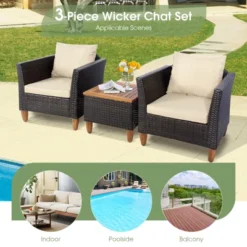 Tangkula 3 Pieces Outdoor Rattan Furniture Set Wicker Bistro Set Wooden Table Top With Cushions -Tangkula GUEST e88a0994 7fd5 41f2 932f 0ab41c006601