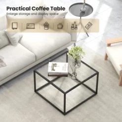 Tangkula Glass Coffee Table 27.5 Inch Modern Square Metal Frame Living Room Transparent -Tangkula GUEST e8f34a3d fb7c 400e be04 79930927804d