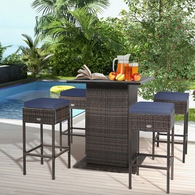 Tangkula Tangkula 5PCS Patio Bar Set Rattan Bar Furniture Set W/ Table & 4 Cushioned Stools Navy 1 Tangkula Tangkula 5PCS Patio Bar Set Rattan Bar Furniture Set W/ Table & 4 Cushioned Stools Navy