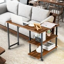 Tangkula Sofa Side Table W/Storage Shelves Mobile End Table Rolling Couch Table Desk For Living Room Bedroom