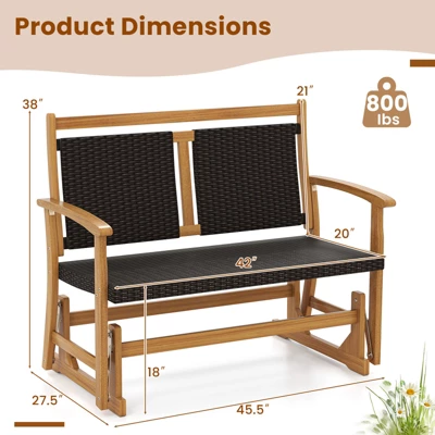 Tangkula Patio Rattan Glider Bench Swing Gliding Rocker For 2 W/ Acacia Wood Frame 8 Tangkula Patio Rattan Glider Bench Swing Gliding Rocker For 2 W/ Acacia Wood Frame - Image 8