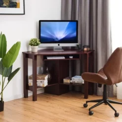 Tangkula Wooden Corner Computer Desk With Drawer Office Study Table Black/Walnut/White