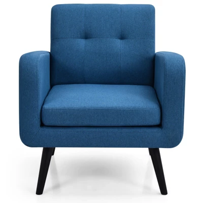 Tangkula Modern Upholstered Accent Chair Linen Fabric Single Sofa With Rubber Wood Leg Grey/ Blue 6 Tangkula Modern Upholstered Accent Chair Linen Fabric Single Sofa With Rubber Wood Leg Grey/ Blue - Image 6