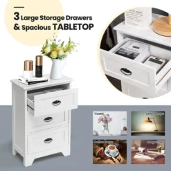 Tangkula End Table Nightstand Bedroom Storage W/ 3 Drawers & Wood Slide White -Tangkula GUEST ebca7f6b 57a5 466c 9416 2aff565523ea