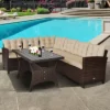 Tangkula 3PCS Rattan Dining Sofa Set W/6 Cushioned Seats Patio Furniture