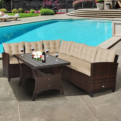 Tangkula 3PCS Rattan Dining Sofa Set W/6 Cushioned Seats Patio Furniture 1 Tangkula 3PCS Rattan Dining Sofa Set W/6 Cushioned Seats Patio Furniture