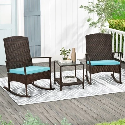 Tangkula 3 Pieces Rocking Wicker Bistro Set Outdoor Front Porch Rocker Chairs Conversation Set 2 Tangkula 3 Pieces Rocking Wicker Bistro Set Outdoor Front Porch Rocker Chairs Conversation Set - Image 2