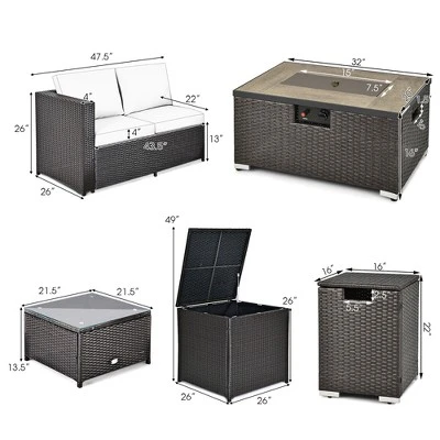 Tangkula 6 Piece Patio Sofa & Fire Table Set Outdoor Rattan Sectional Sofa Set W/ Storage Box Red 2 Tangkula 6 Piece Patio Sofa & Fire Table Set Outdoor Rattan Sectional Sofa Set W/ Storage Box Red - Image 2