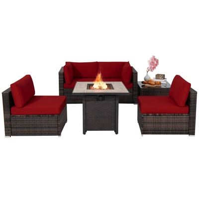 Tangkula 6 PCS Patio Wicker Furniture Set With 30" Gas Fire Pit Table 50,000 BTU Black/Red/Turquoise/Navy/White Cushions 11 Tangkula 6 PCS Patio Wicker Furniture Set With 30" Gas Fire Pit Table 50,000 BTU Black/Red/Turquoise/Navy/White Cushions - Image 11