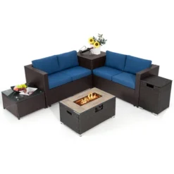 Tangkula 6 Piece Patio Sofa & Fire Table Set Outdoor Rattan Sectional Sofa Set W/ Storage Box Navy -Tangkula GUEST ef6fada2 8cfb 4488 80fa 495ed3f8e122